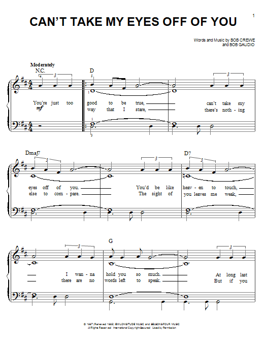 Frankie Valli & The Four Seasons Can't Take My Eyes Off Of You sheet music notes and chords. Download Printable PDF.
