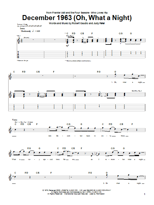 Preview Frankie Valli & The Four Seasons December 1963 (Oh, What A Night) Pop sheet music, notes and chords for Guitar Tab, SKU: 26655 sheet music, piano notes, chords, guitar tabs, score, transpose, transcribe, how to play, guide, download, learn, tutorial, progression, song, artist, awards, billboard, mtv, vh1, tour, single, album, release