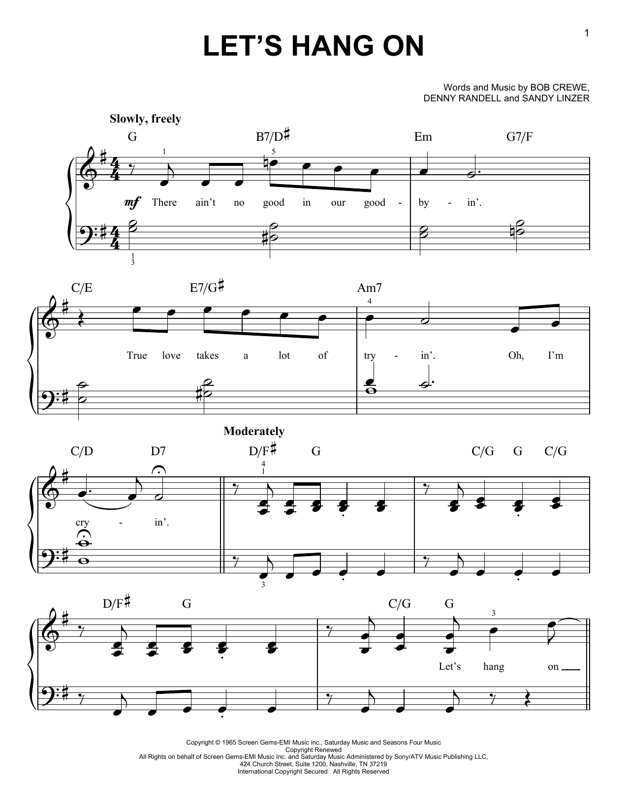 Learn to play Frankie Valli & The Four Seasons Let's Hang On sheet music for Easy Piano in minutes. Frankie Valli & The Four Seasons Let's Hang On sheet music notes and chords