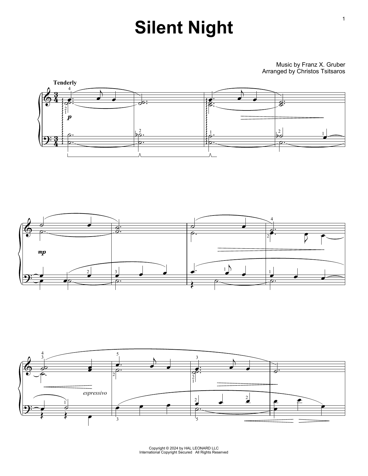 Franz X. Gruber Silent Night (arr. Christos Tsitsaros) sheet music notes and chords. Download Printable PDF.