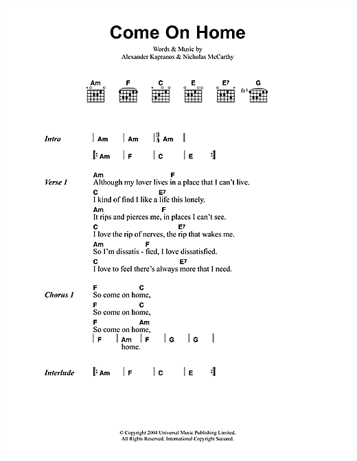 Franz Ferdinand Come On Home sheet music notes and chords. Download Printable PDF.