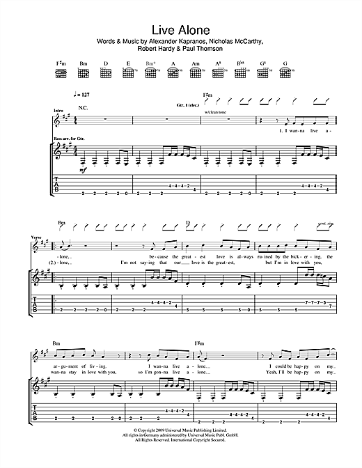 Franz Ferdinand Live Alone sheet music notes and chords. Download Printable PDF.