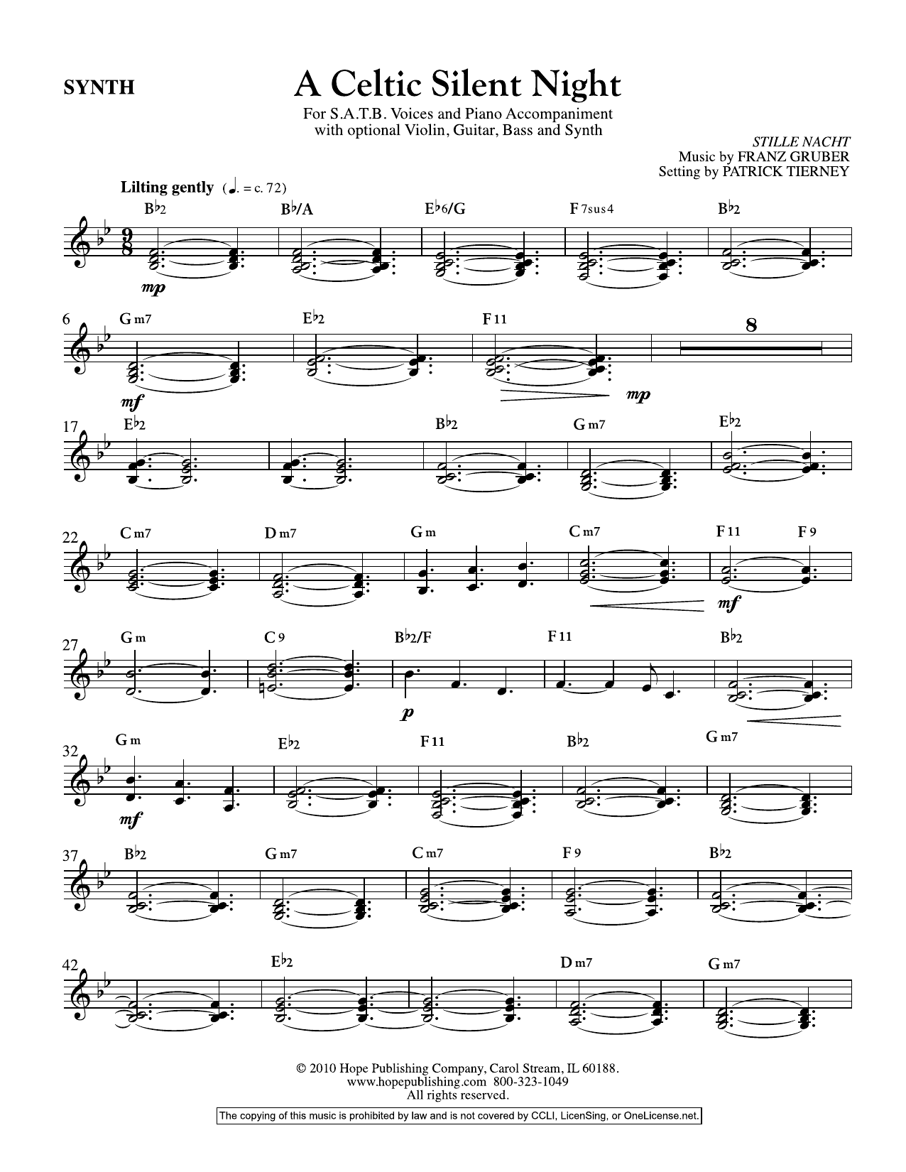 Learn to play Franz Gruber A Celtic Silent Night - Synthesizer sheet music for Choir Instrumental Pak in minutes. Price: 16.9700$ Franz Gruber A Celtic Silent Night - Synthesizer sheet music notes and chords arranged for Choir Instrumental Pak