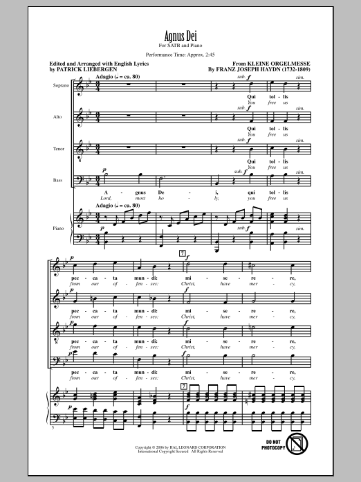 Learn to play Franz Joseph Haydn Agnus Dei (arr. Patrick Liebergen) sheet music for SATB Choir in minutes. Franz Joseph Haydn Agnus Dei (arr. Patrick Liebergen) sheet music notes and chords. Download Printable PDF.