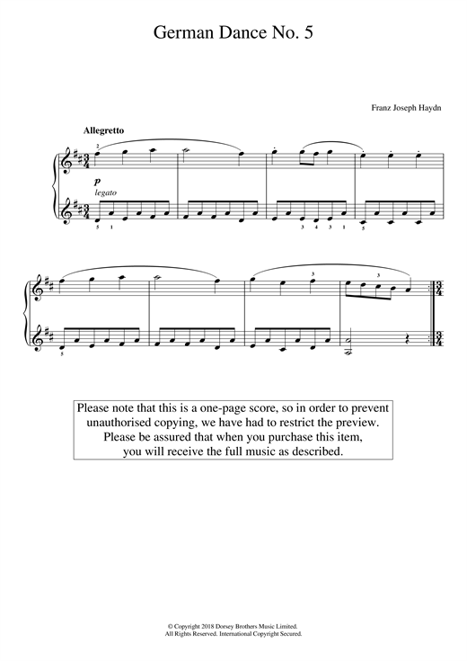 Learn to play Franz Joseph Haydn German Dance No. 5 sheet music for Piano Solo in minutes. Price: 6.9900$ Franz Joseph Haydn German Dance No. 5 sheet music notes and chords arranged for Piano Solo