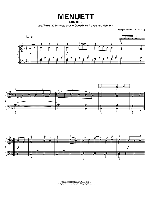 Learn to play Franz Joseph Haydn Minuet, From 12 Menuets Pour Le Clavecin Ou Pianoforte sheet music for Piano Solo in minutes. Franz Joseph Haydn Minuet, From 12 Menuets Pour Le Clavecin Ou Pianoforte sheet music notes and chords. Download Printable PDF.