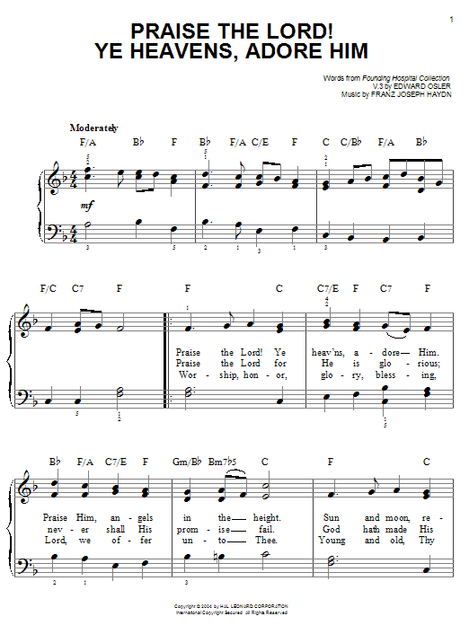 Learn to play Franz Joseph Haydn Praise The Lord! Ye Heavens, Adore Him sheet music for Piano & Vocal in minutes. Price: 6.9900$ Franz Joseph Haydn Praise The Lord! Ye Heavens, Adore Him sheet music notes and chords arranged for Piano & Vocal