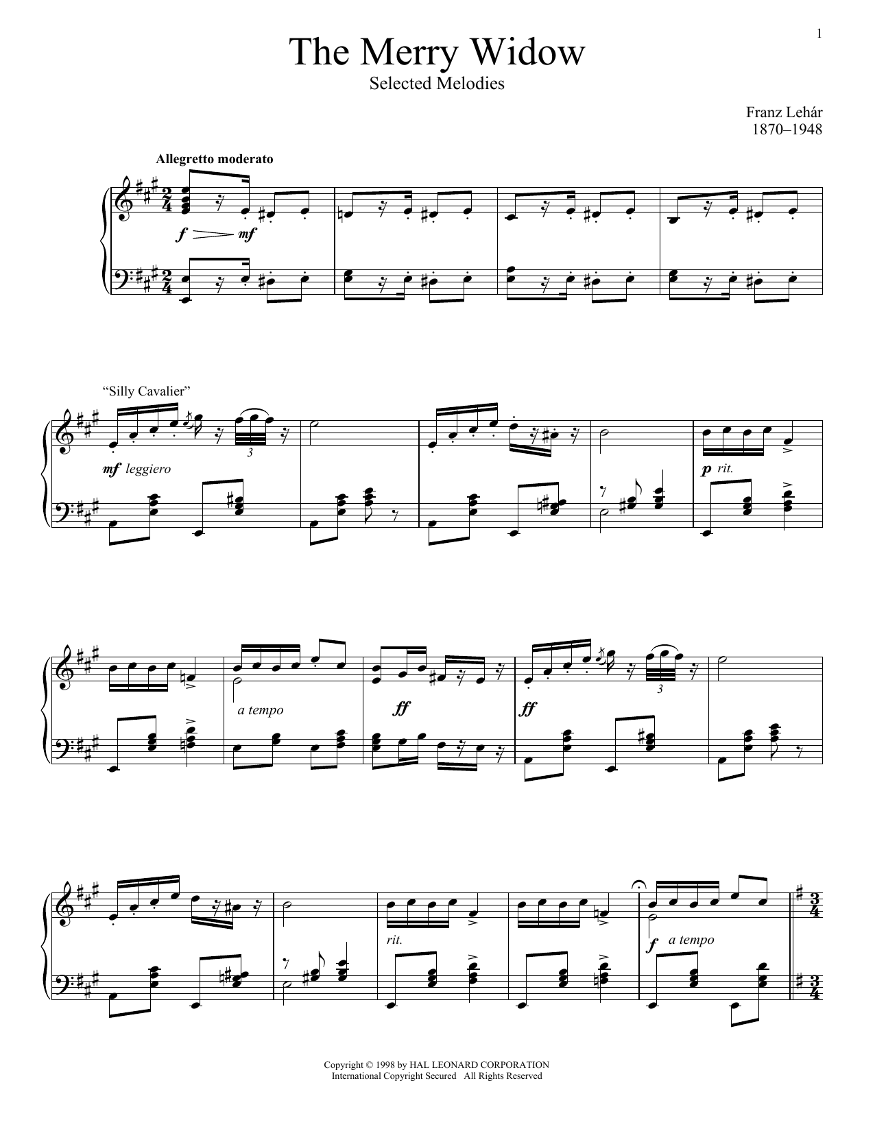 Learn to play Franz Lehar The Merry Widow, Selected Melodies sheet music for Piano Solo in minutes. Price: 6.9900$ Franz Lehar The Merry Widow, Selected Melodies sheet music notes and chords arranged for Piano Solo