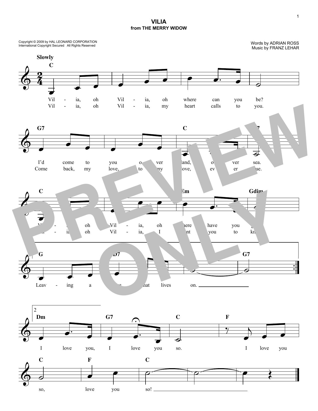 Franz Lehar Vilia sheet music notes and chords. Download Printable PDF.