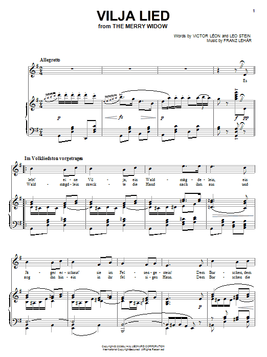 Learn to play Franz Lehar Vilja Lied sheet music for Piano, Vocal & Guitar (Right-Hand Melody) in minutes. Price: 6.9900$ Franz Lehar Vilja Lied sheet music notes and chords. Download Printable PDF.