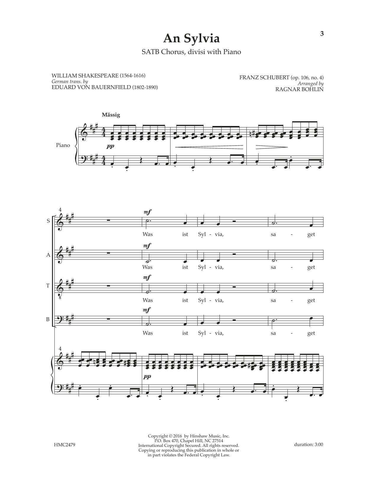 Learn to play Franz Schubert An Sylvia (op. 106, No. 4) (arr. Ragnar Bohlin) sheet music for SATB Choir in minutes. Price: 3.9900$ Franz Schubert An Sylvia (op. 106, No. 4) (arr. Ragnar Bohlin) sheet music notes and chords arranged for SATB Choir