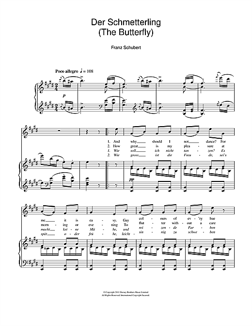 Learn to play Franz Schubert Der Schmetterling (The Butterfly) sheet music for Piano & Vocal in minutes. Franz Schubert Der Schmetterling (The Butterfly) sheet music notes and chords. Download Printable PDF.