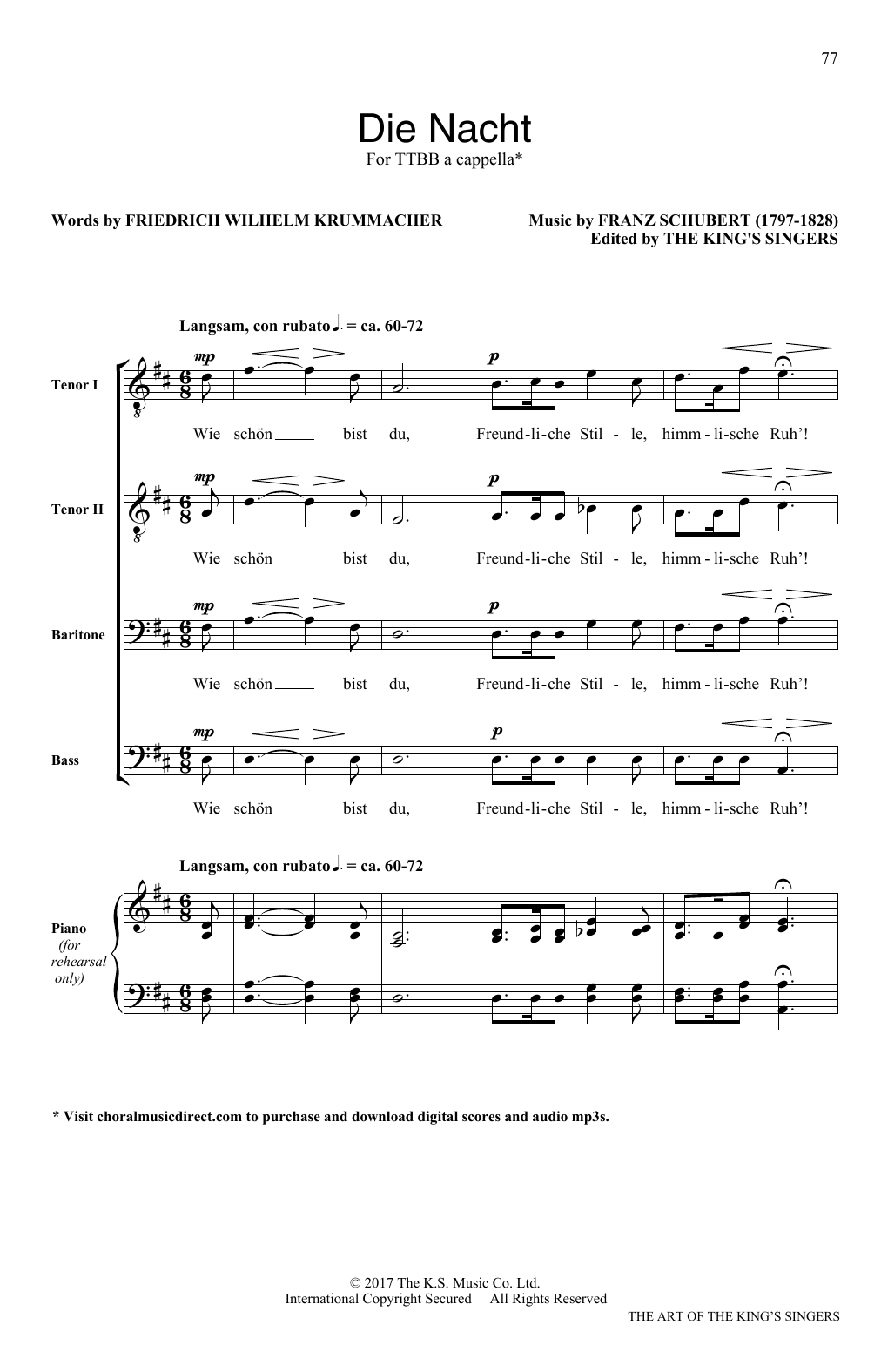 Learn to play Franz Schubert Die Nacht sheet music for SATB Choir in minutes. Franz Schubert Die Nacht sheet music notes and chords