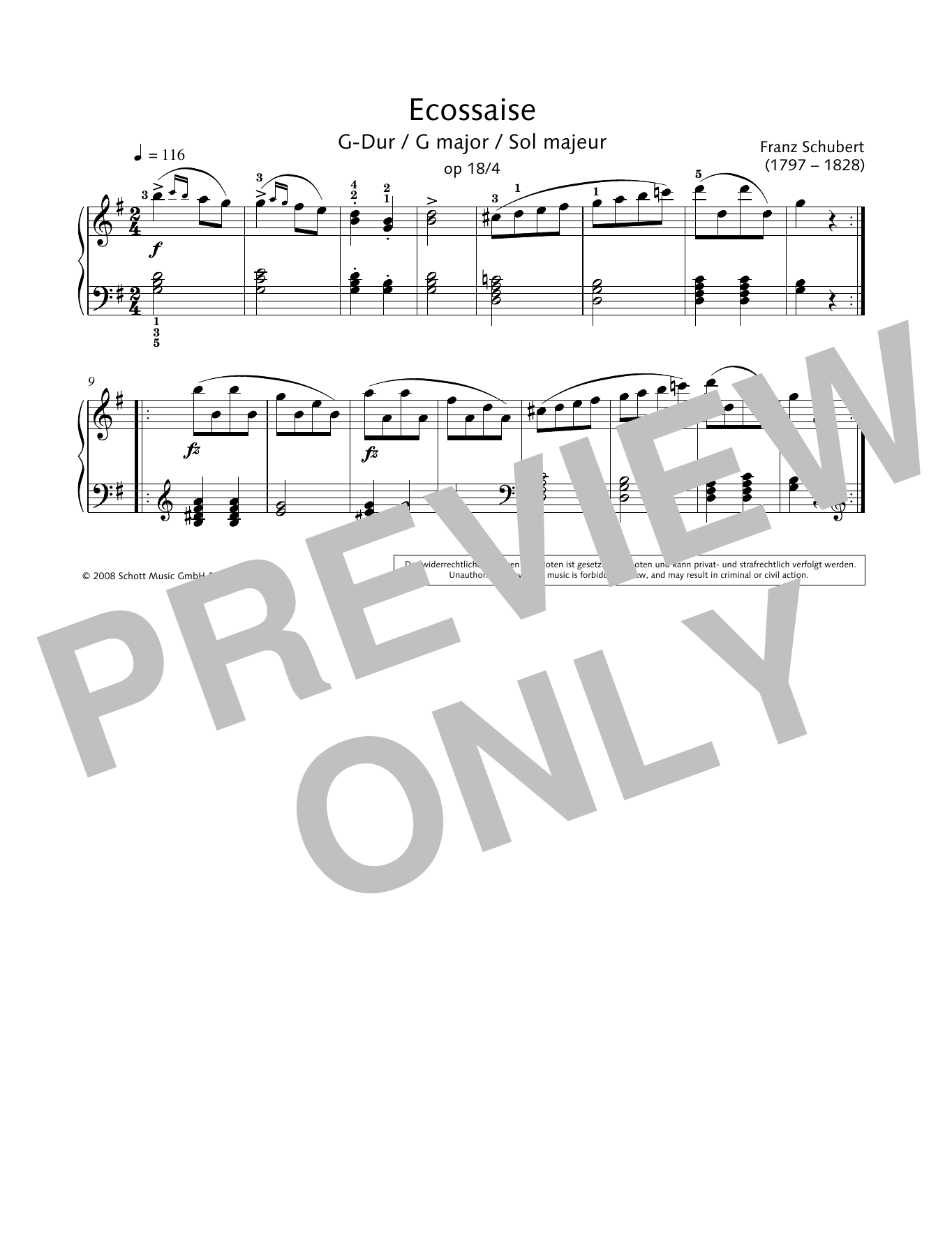 Learn to play Franz Schubert Ecossaise in G major sheet music for Piano Solo in minutes. Price: 6.9900$ Franz Schubert Ecossaise in G major sheet music notes and chords arranged for Piano Solo
