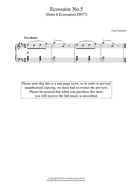 Learn to play Franz Schubert Ecossaise No. 5 (from 8 Ecossaises D977) sheet music for Piano Solo in minutes. Price: 6.9900$ Franz Schubert Ecossaise No. 5 (from 8 Ecossaises D977) sheet music notes and chords arranged for Piano Solo