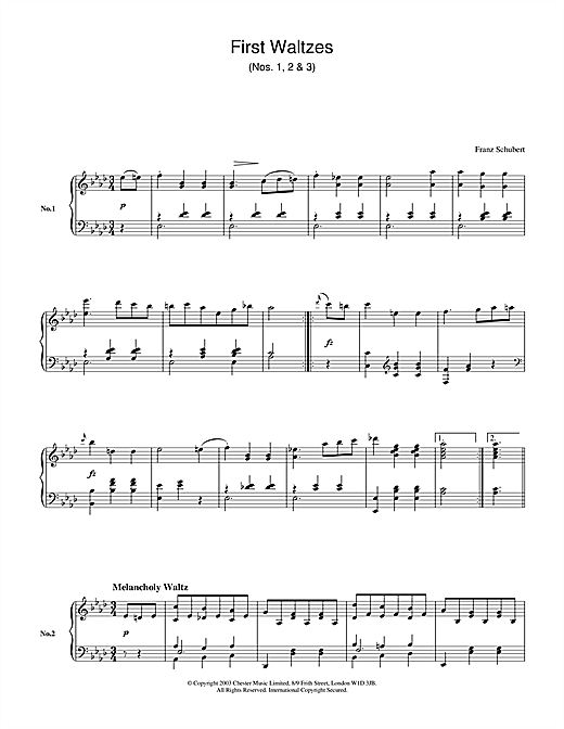 Learn to play Franz Schubert First Waltzes (Nos. 1, 2 & 3) sheet music for Piano Solo in minutes. Franz Schubert First Waltzes (Nos. 1, 2 & 3) sheet music notes and chords. Download Printable PDF.