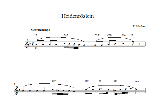 Franz Schubert Heidenroslein sheet music for Lead Sheet / Fake Book in minutes. Price: 7.4900$ Franz Schubert Heidenroslein sheet music notes and chords. Download Printable PDF.