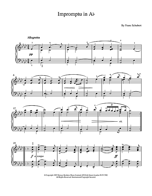 Learn to play Franz Schubert Impromptu No. 2 in A Flat Major (excerpt), Op.142 sheet music for Piano Solo in minutes. Franz Schubert Impromptu No. 2 in A Flat Major (excerpt), Op.142 sheet music notes and chords