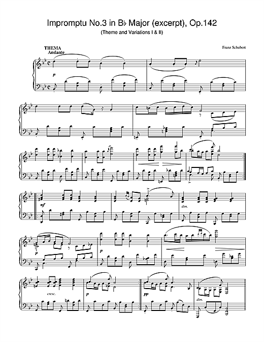 Learn to play Franz Schubert Impromptu No. 3 in B Flat Major (excerpt), Op.142 sheet music for Piano Solo in minutes. Franz Schubert Impromptu No. 3 in B Flat Major (excerpt), Op.142 sheet music notes and chords