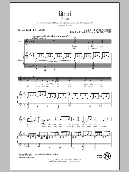 Learn to play Franz Schubert Litanei (arr. John Leavitt) sheet music for Unison Choir in minutes. Franz Schubert Litanei (arr. John Leavitt) sheet music notes and chords