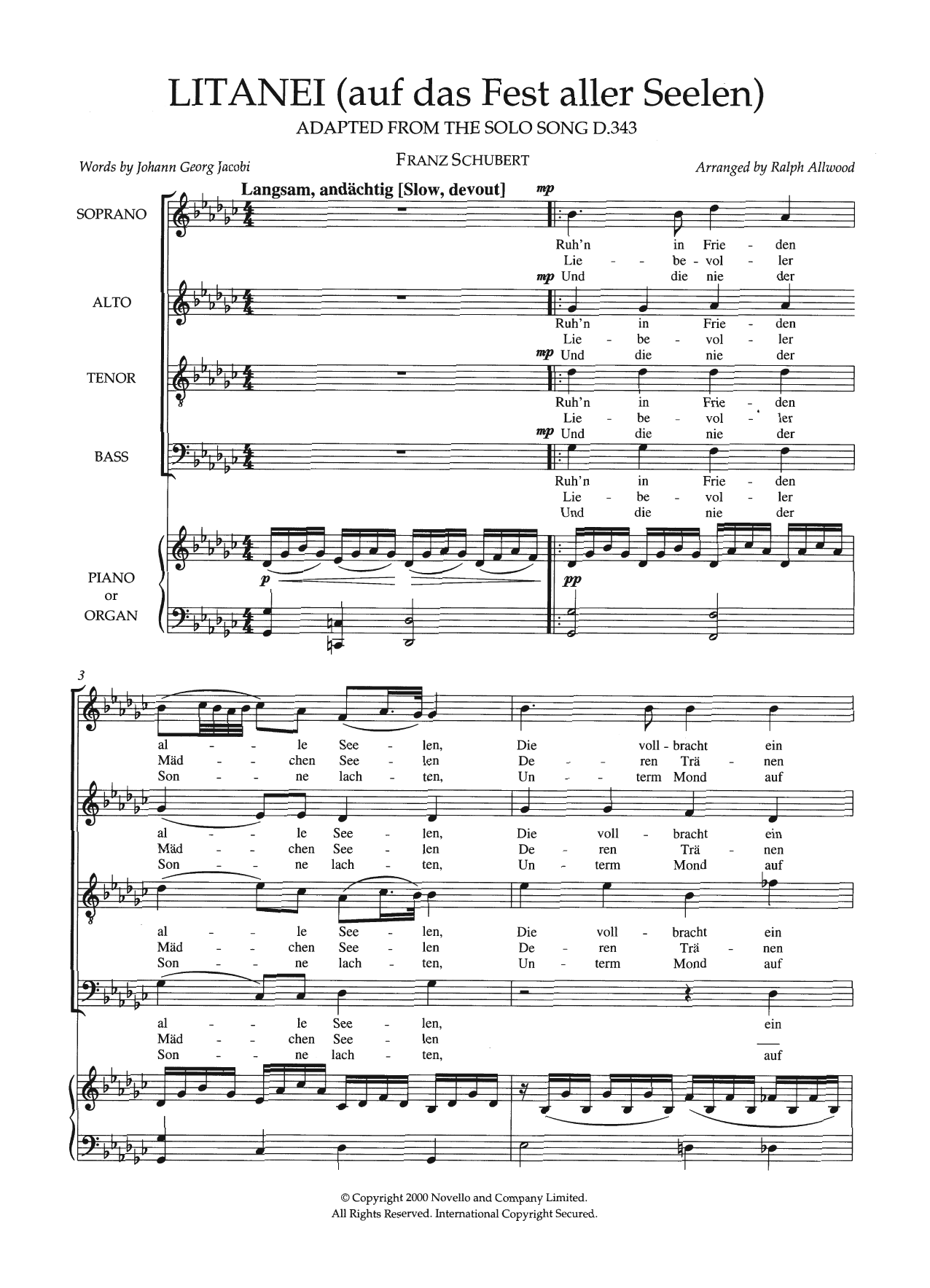 Learn to play Franz Schubert Litanei (Auf Das Fest Aller Seelen) (arr. Ralph Allwood) sheet music for SATB Choir in minutes. Price: 3.9900$ Franz Schubert Litanei (Auf Das Fest Aller Seelen) (arr. Ralph Allwood) sheet music notes and chords arranged for SATB Choir