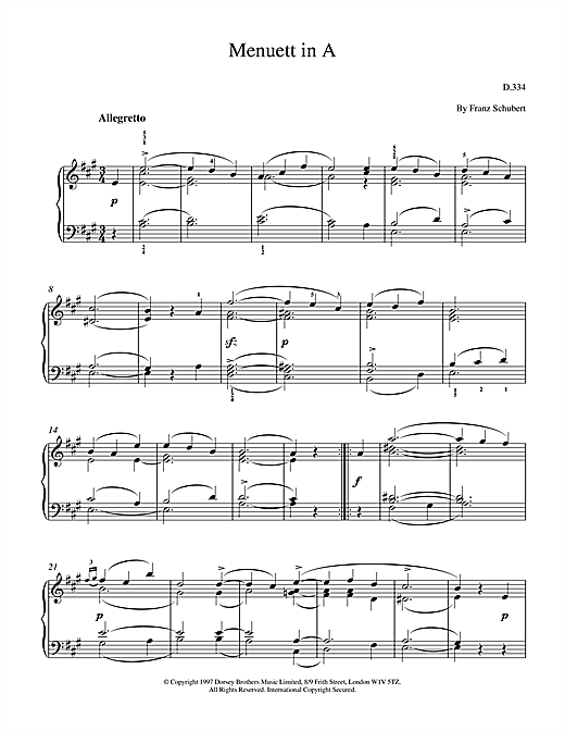 Franz Schubert Menuett In A sheet music notes and chords. Download Printable PDF.