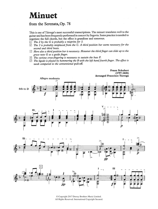 Learn to play Franz Schubert Minuet (from the Serenata, Op. 78) sheet music for Solo Guitar in minutes. Franz Schubert Minuet (from the Serenata, Op. 78) sheet music notes and chords. Download Printable PDF.