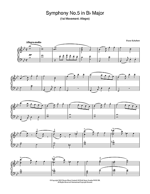 Learn to play Franz Schubert Symphony No.5 in B Flat Major - 1st Movement: Allegro sheet music for Piano Solo in minutes. Franz Schubert Symphony No.5 in B Flat Major - 1st Movement: Allegro sheet music notes and chords. Download Printable PDF.