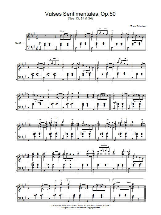 Learn to play Franz Schubert Valses Sentimentales, Op.50, Nos.13, 31 & 34. sheet music for Piano Solo in minutes. Franz Schubert Valses Sentimentales, Op.50, Nos.13, 31 & 34. sheet music notes and chords. Download Printable PDF.