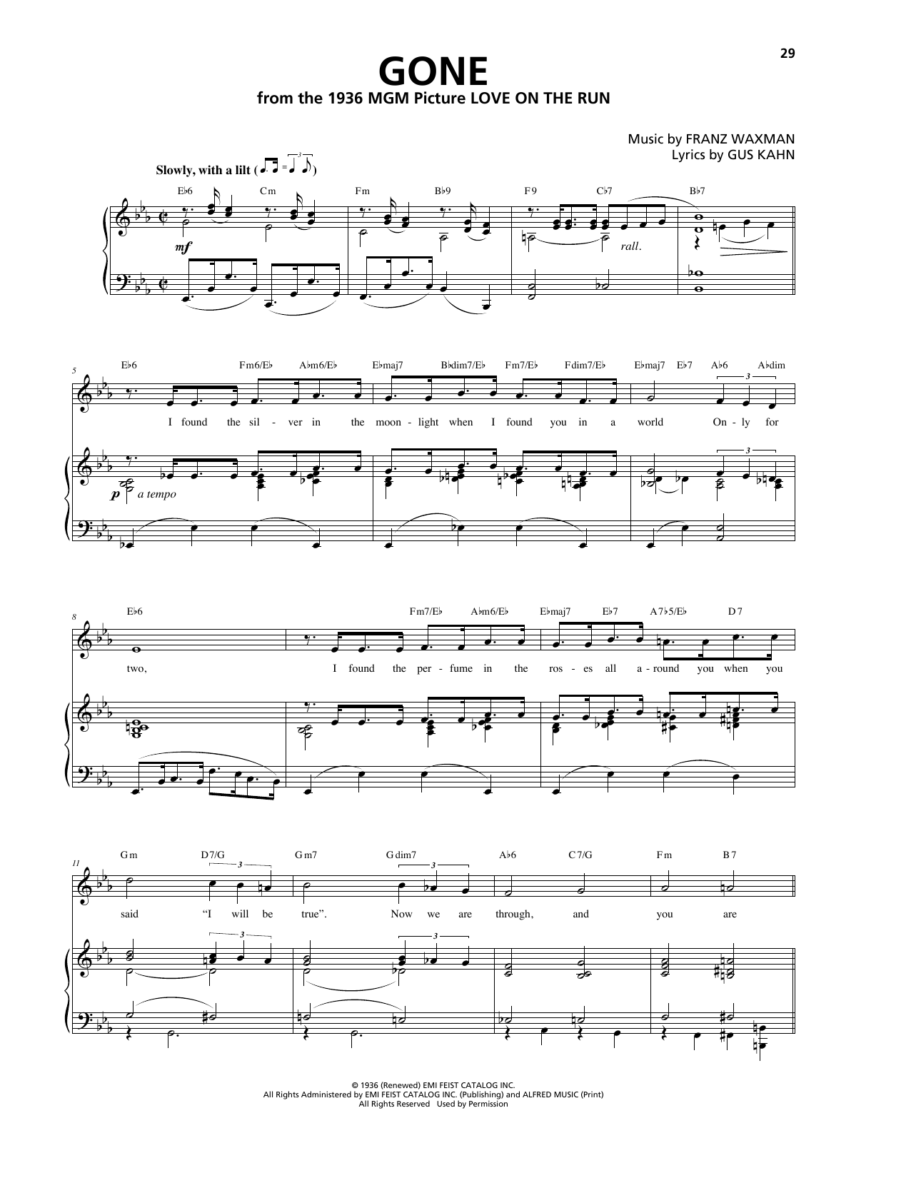 Franz Waxman Gone sheet music notes and chords. Download Printable PDF.