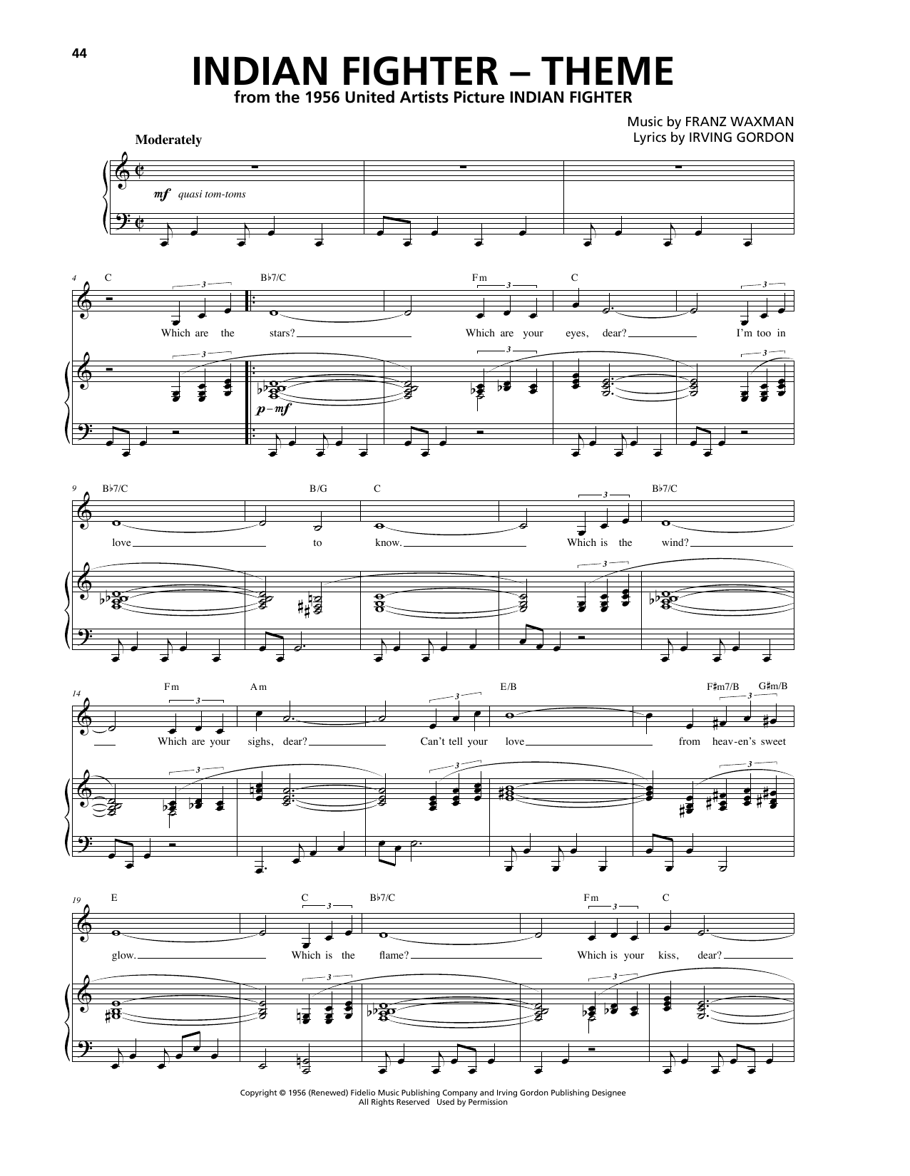Franz Waxman Indian Fighter - Theme sheet music notes and chords arranged for Piano, Vocal & Guitar Chords (Right-Hand Melody)