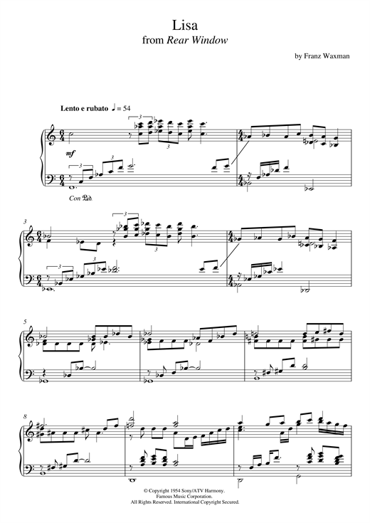 Learn to play Franz Waxman Lisa from 'Rear Window' sheet music for Piano Solo in minutes. Franz Waxman Lisa from 'Rear Window' sheet music notes and chords. Download Printable PDF.