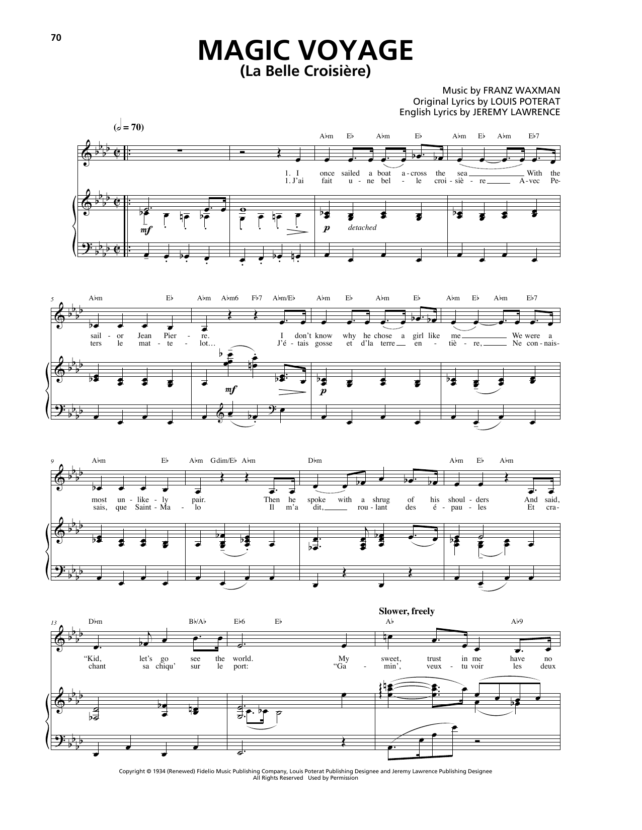 Learn to play Franz Waxman Magic Voyage (La Belle Croisière) sheet music for Piano, Vocal & Guitar Chords (Right-Hand Melody) in minutes. Price: 7.8900$ Franz Waxman Magic Voyage (La Belle Croisière) sheet music notes and chords arranged for Piano, Vocal & Guitar Chords (Right-Hand Melody)