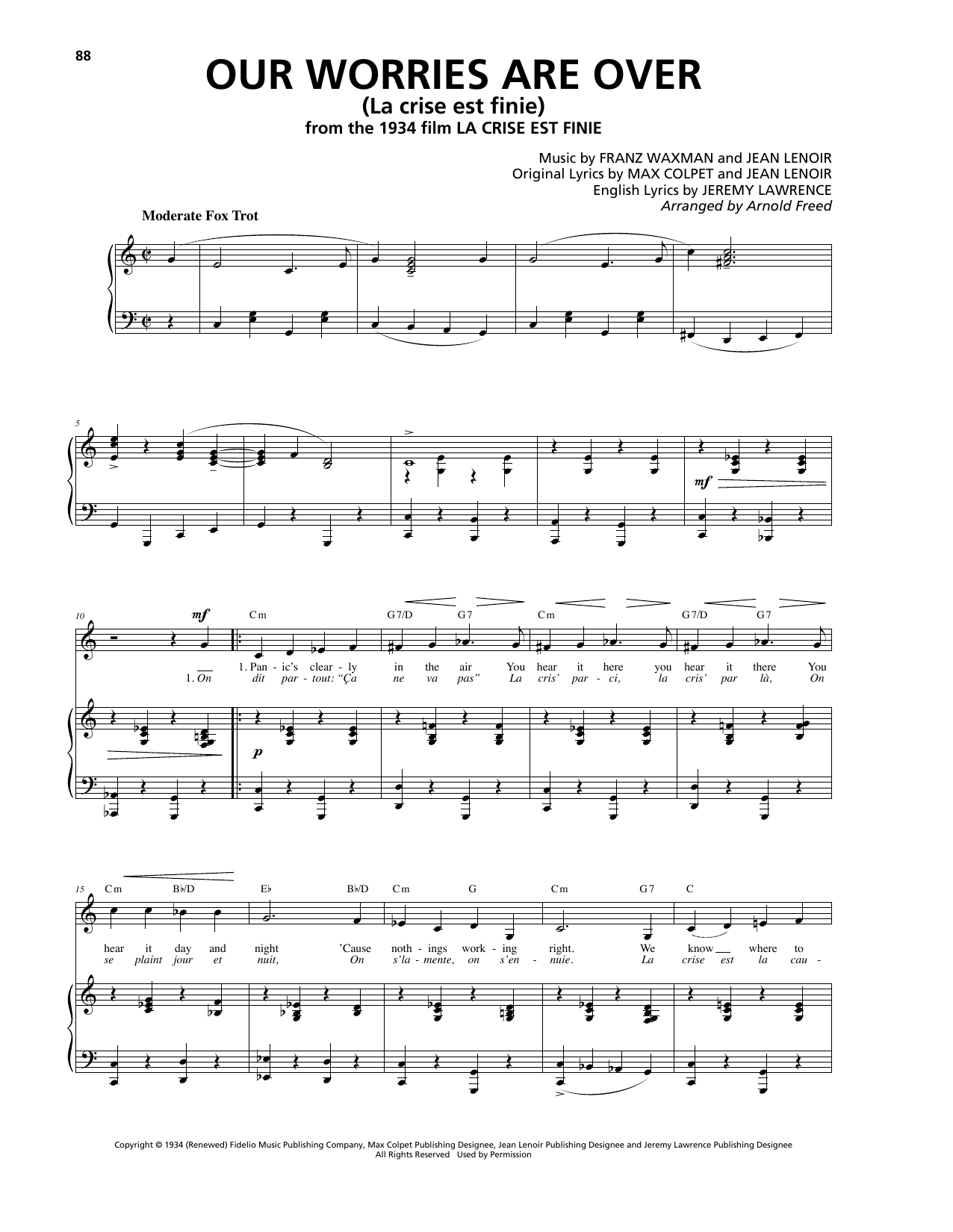 Learn to play Franz Waxman Our Worries Are Over (La Crise Est Finie) sheet music for Piano, Vocal & Guitar Chords (Right-Hand Melody) in minutes. Price: 7.8900$ Franz Waxman Our Worries Are Over (La Crise Est Finie) sheet music notes and chords arranged for Piano, Vocal & Guitar Chords (Right-Hand Melody)