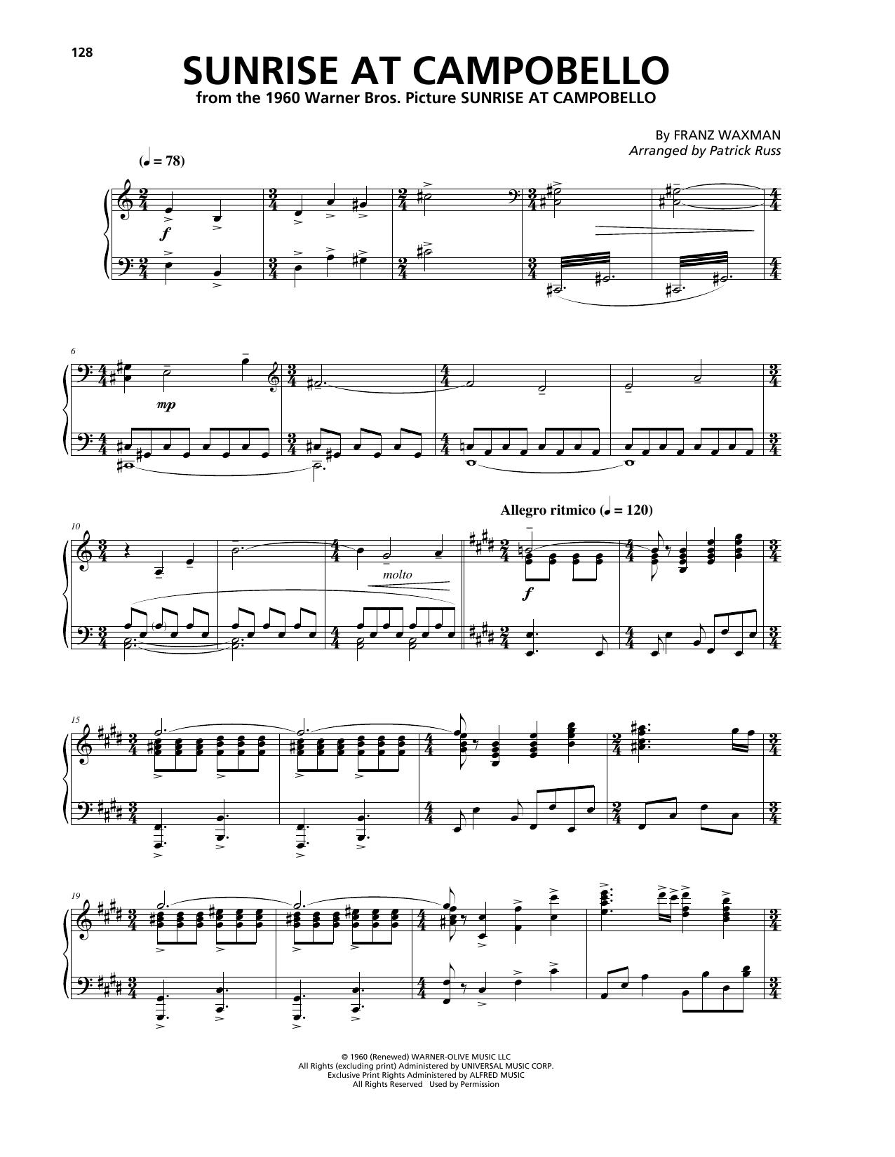 Learn to play Franz Waxman Sunrise At Campobello (from Sunrise At Campobello) sheet music for Piano Solo in minutes. Price: 6.9900$ Franz Waxman Sunrise At Campobello (from Sunrise At Campobello) sheet music notes and chords arranged for Piano Solo