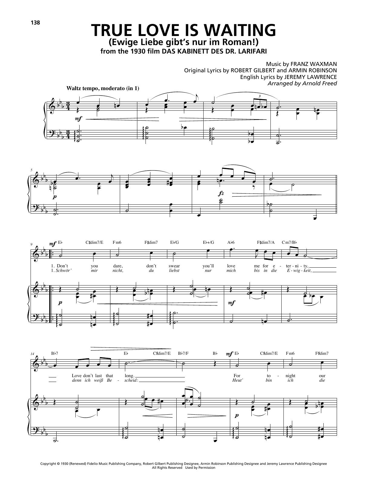 Learn to play Franz Waxman True Love Is Waiting (Ewige Liebe gibt's nur im Roman!) sheet music for Piano, Vocal & Guitar Chords (Right-Hand Melody) in minutes. Price: 7.8900$ Franz Waxman True Love Is Waiting (Ewige Liebe gibt's nur im Roman!) sheet music notes and chords arranged for Piano, Vocal & Guitar Chords (Right-Hand Melody)