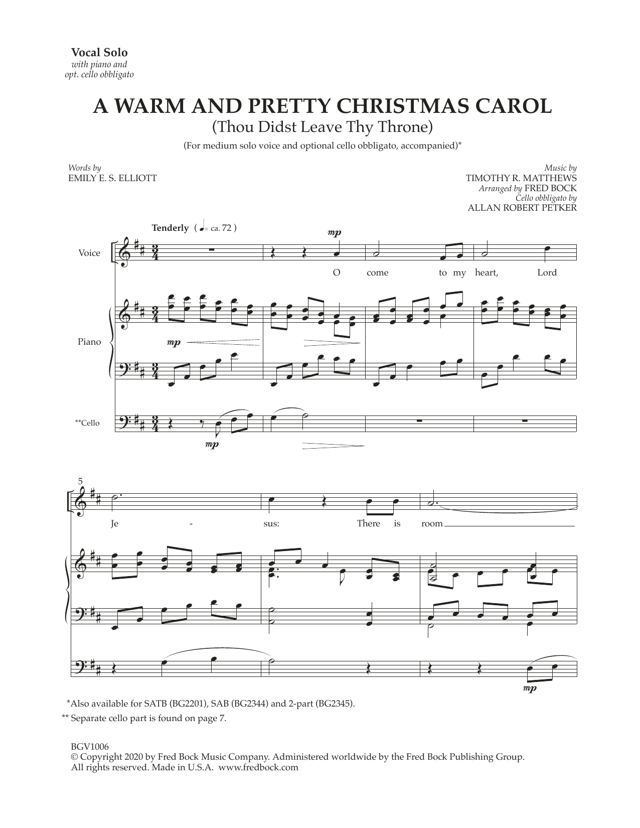 Learn to play Fred Bock A Warm And Pretty Christmas Carol (with optional cello obbligato) sheet music for Piano & Vocal in minutes. Price: 9.9900$ Fred Bock A Warm And Pretty Christmas Carol (with optional cello obbligato) sheet music notes and chords arranged for Piano & Vocal