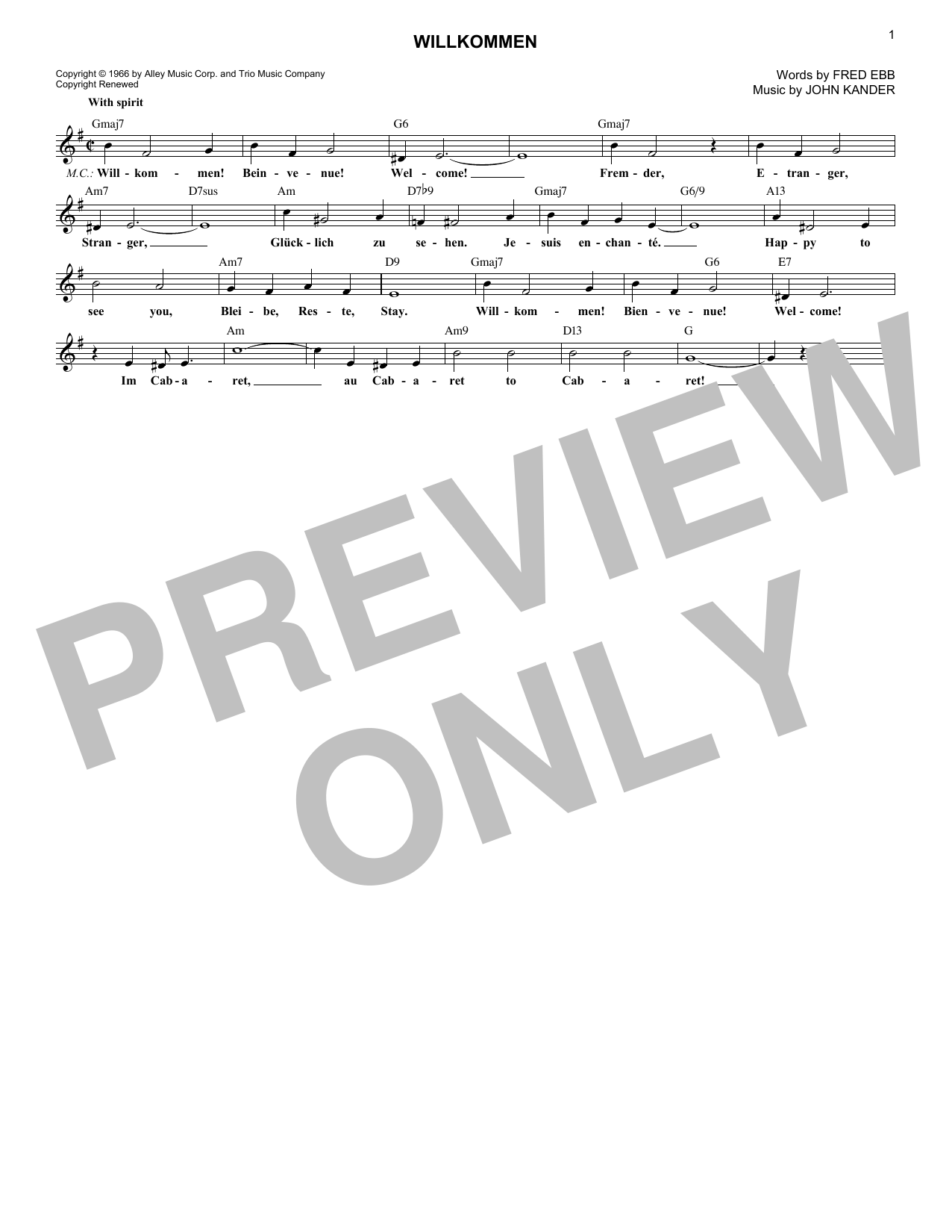 Fred Ebb Willkommen sheet music notes and chords. Download Printable PDF.