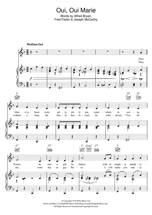 Fred Fisher Oui, Oui Marie sheet music notes and chords. Download Printable PDF.