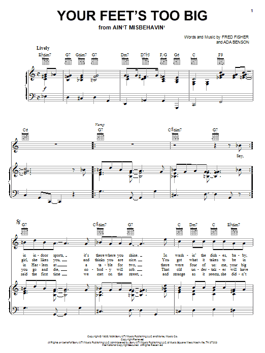 Learn to play Fred Fisher Your Feet's Too Big sheet music for Piano, Vocal & Guitar (Right-Hand Melody) in minutes. Fred Fisher Your Feet's Too Big sheet music notes and chords. Download Printable PDF.