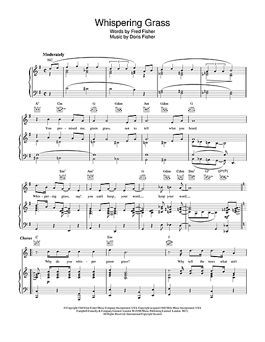 Learn to play Fred Fisher & Doris Fisher Whispering Grass (Don't Tell The Trees) sheet music for Piano, Vocal & Guitar (Right-Hand Melody) in minutes. Fred Fisher & Doris Fisher Whispering Grass (Don't Tell The Trees) sheet music notes and chords
