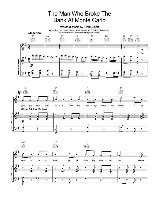 Fred Gilbert The Man Who Broke The Bank At Monte Carlo sheet music notes and chords. Download Printable PDF.