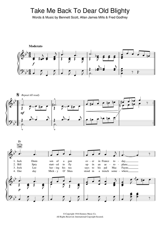 Learn to play Fred Godfrey Take Me Back To Dear Old Blighty sheet music for Piano, Vocal & Guitar (Right-Hand Melody) in minutes. Fred Godfrey Take Me Back To Dear Old Blighty sheet music notes and chords. Download Printable PDF.
