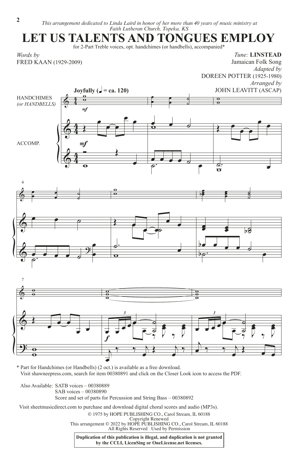 Learn to play Fred Kaan Let Us Talents And Tongues Employ (arr. John Leavitt) sheet music for 2-Part Choir in minutes. Price: 3.9900$ Fred Kaan Let Us Talents And Tongues Employ (arr. John Leavitt) sheet music notes and chords arranged for 2-Part Choir