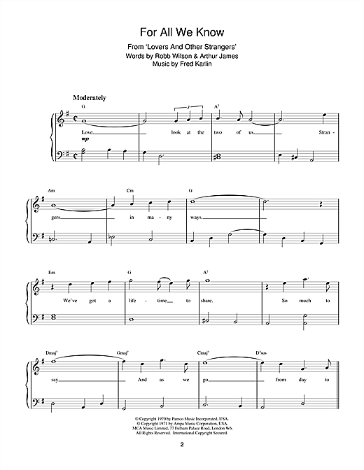 Learn to play Fred Karlin For All We Know sheet music for Piano Solo in minutes. Fred Karlin For All We Know sheet music notes and chords