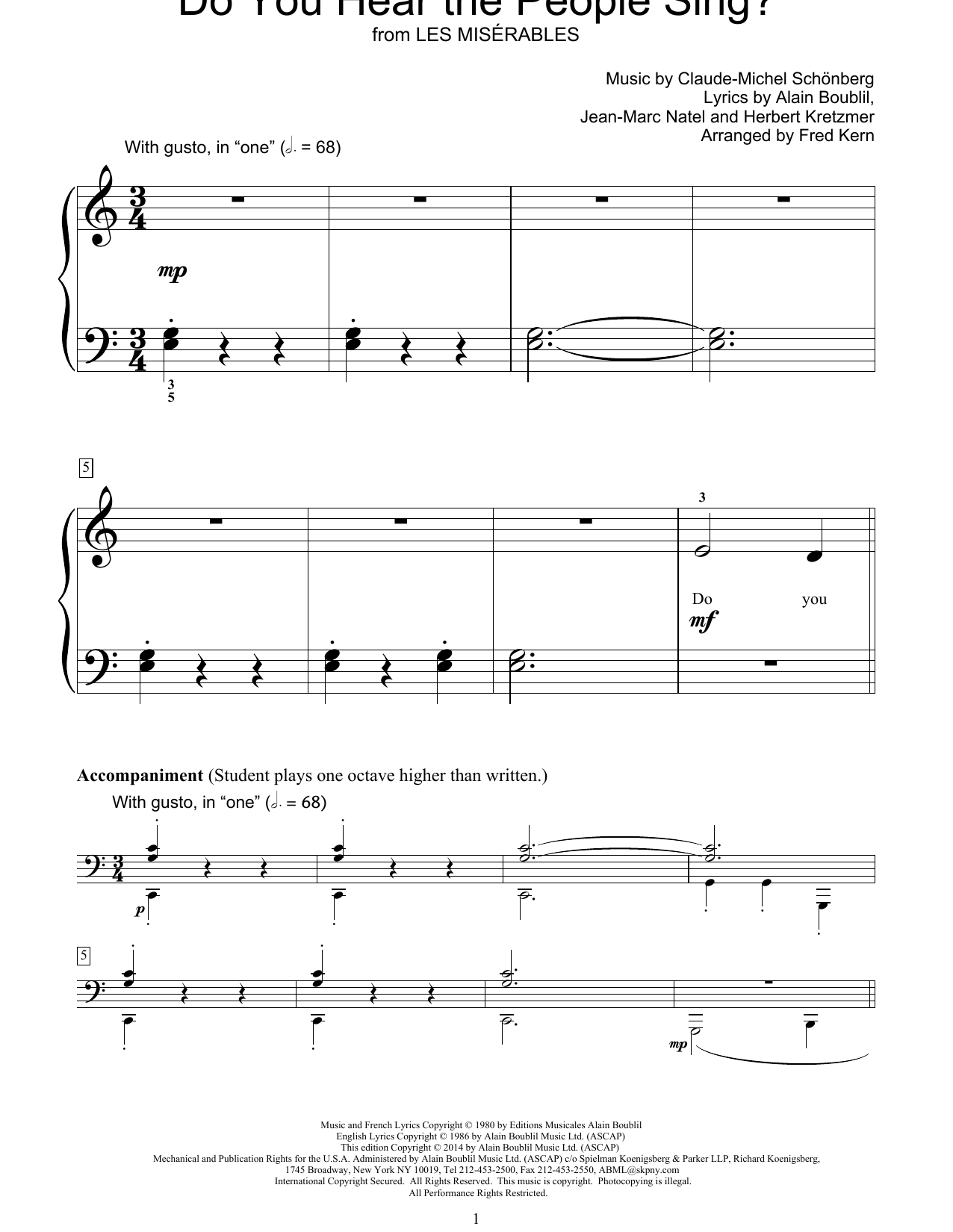 Learn to play Fred Kern Do You Hear The People Sing? sheet music for Educational Piano in minutes. Price: 6.9900$ Fred Kern Do You Hear The People Sing? sheet music notes and chords arranged for Educational Piano