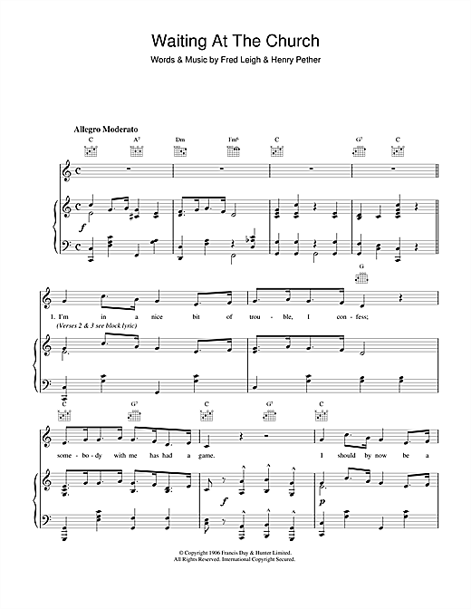 Learn to play Fred Leigh & Henry Pether Waiting At The Church sheet music for Piano, Vocal & Guitar (Right-Hand Melody) in minutes. Fred Leigh & Henry Pether Waiting At The Church sheet music notes and chords
