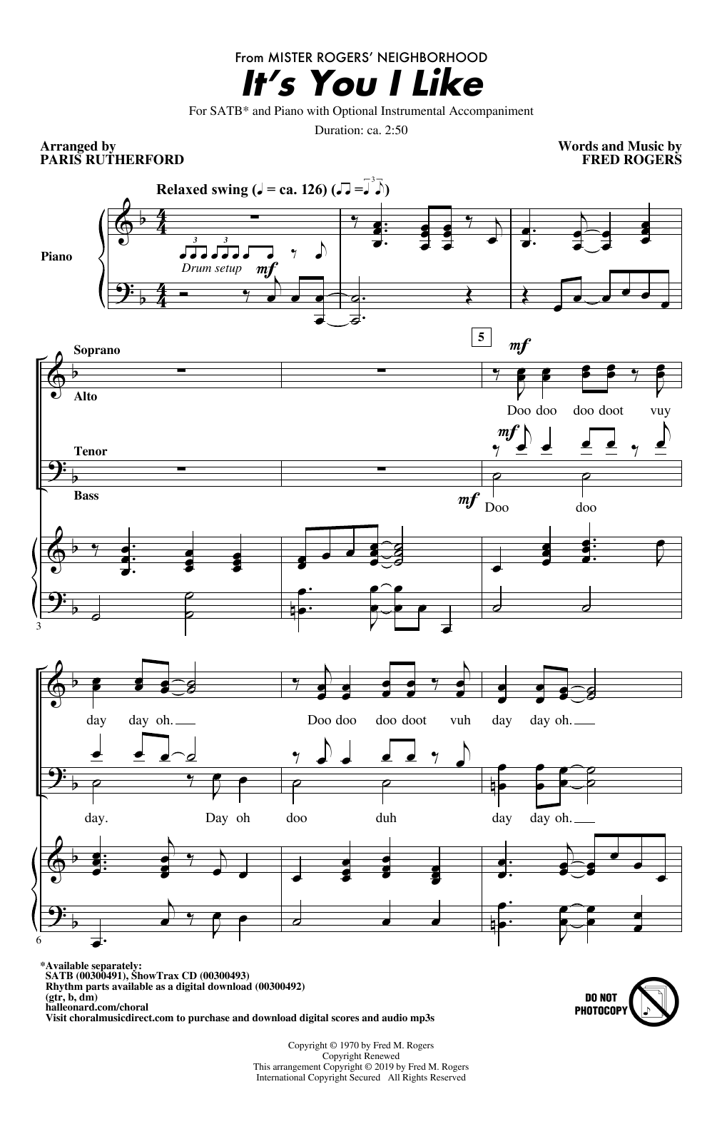 Learn to play Fred Rogers It's You I Like (from Mister Rogers' Neighborhood) (arr. Paris Rutherford) sheet music for SSA Choir in minutes. Price: 3.9900$ Fred Rogers It's You I Like (from Mister Rogers' Neighborhood) (arr. Paris Rutherford) sheet music notes and chords arranged for SSA Choir