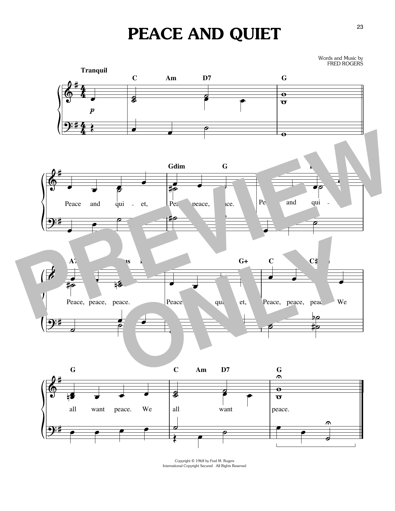 Fred Rogers Peace And Quiet sheet music notes and chords. Download Printable PDF.