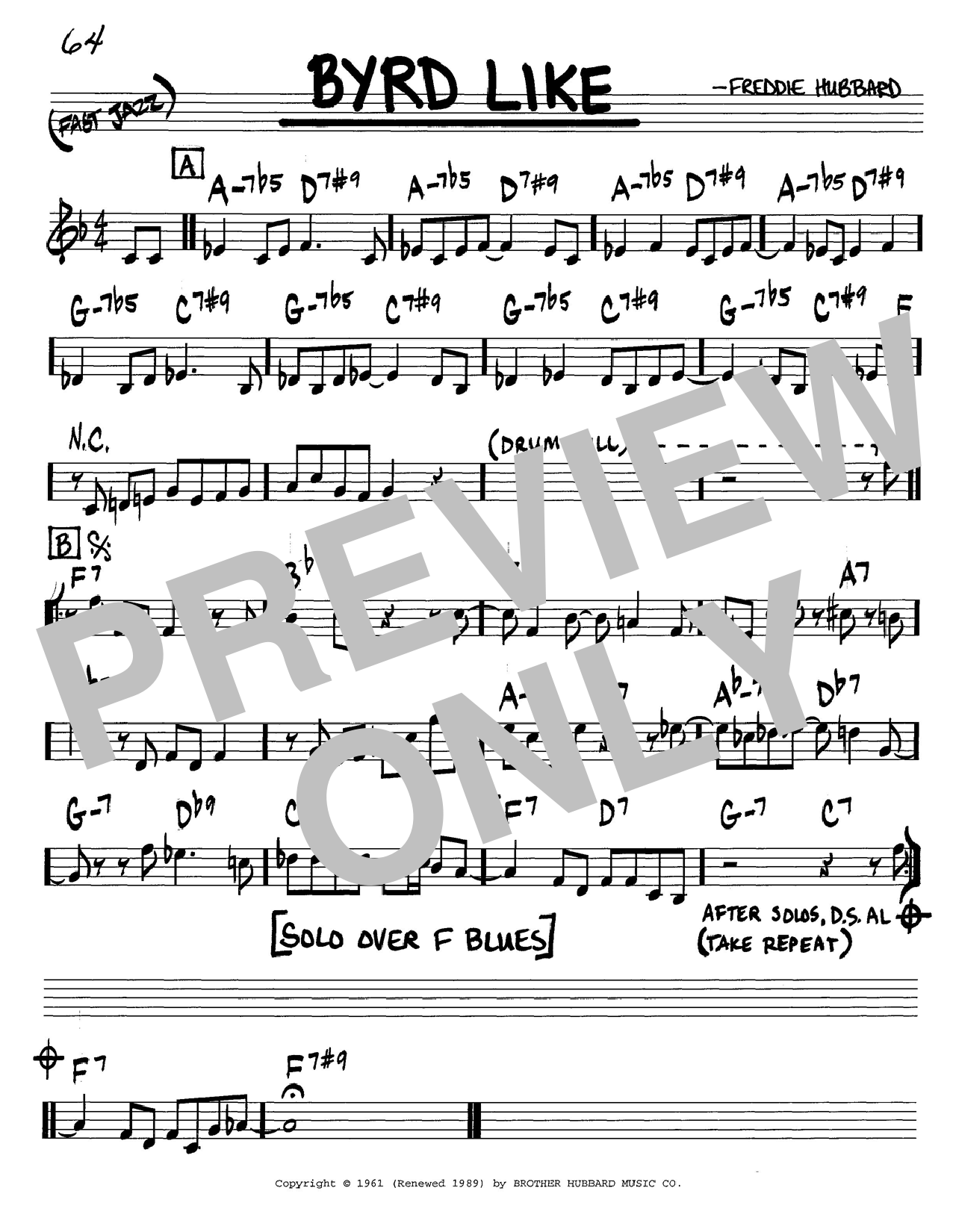 Freddie Hubbard Byrd Like sheet music notes and chords. Download Printable PDF.